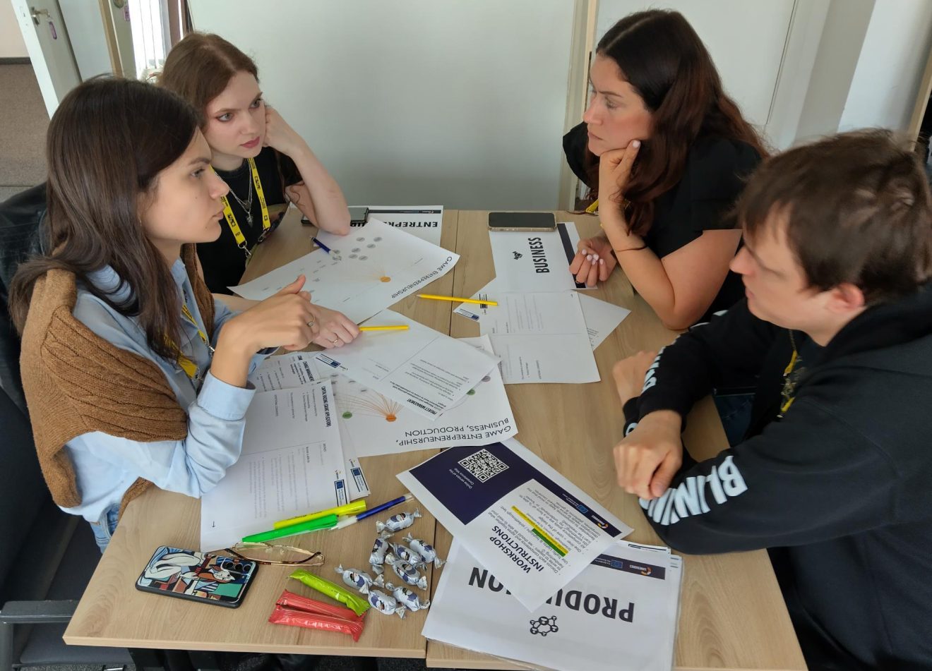 4 people sitting around the desk with competence map related papers